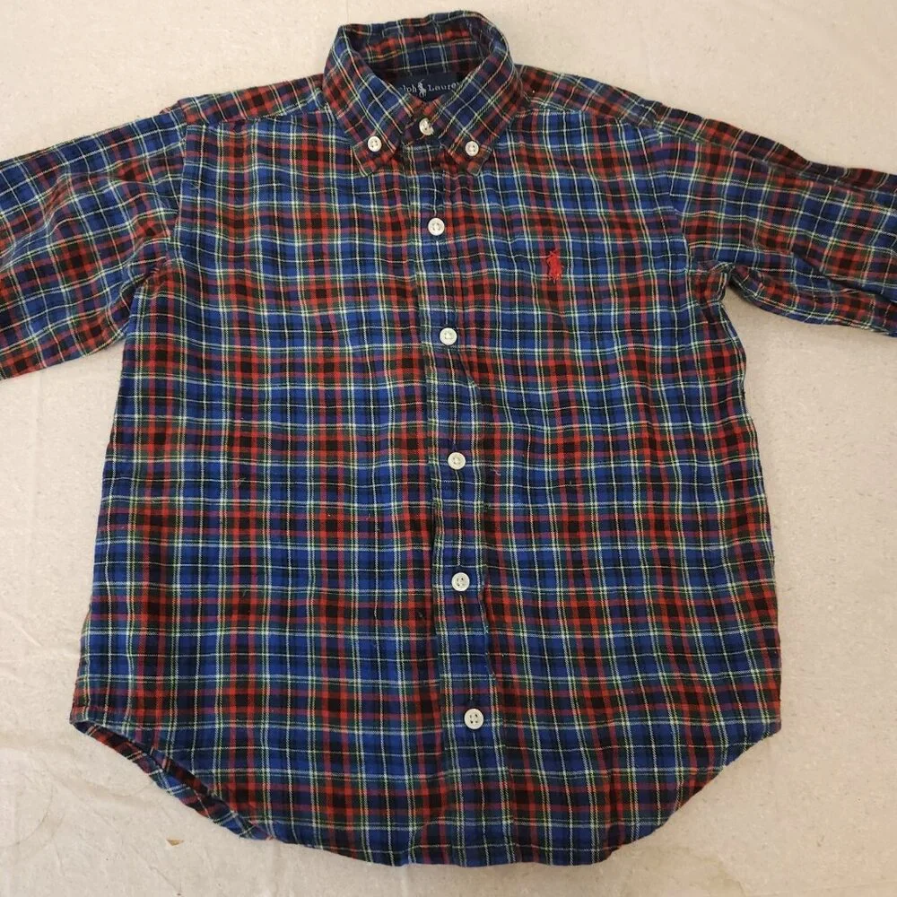 Ralph Lauren Plaid Button Down Shirt Blue Cotton Long‎ Sleeve Boys Size 5 EUC